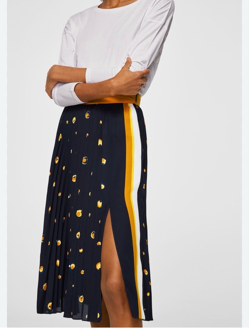 Mango Navy Pleated Midi Skirt with Yellow Stripe and Spots